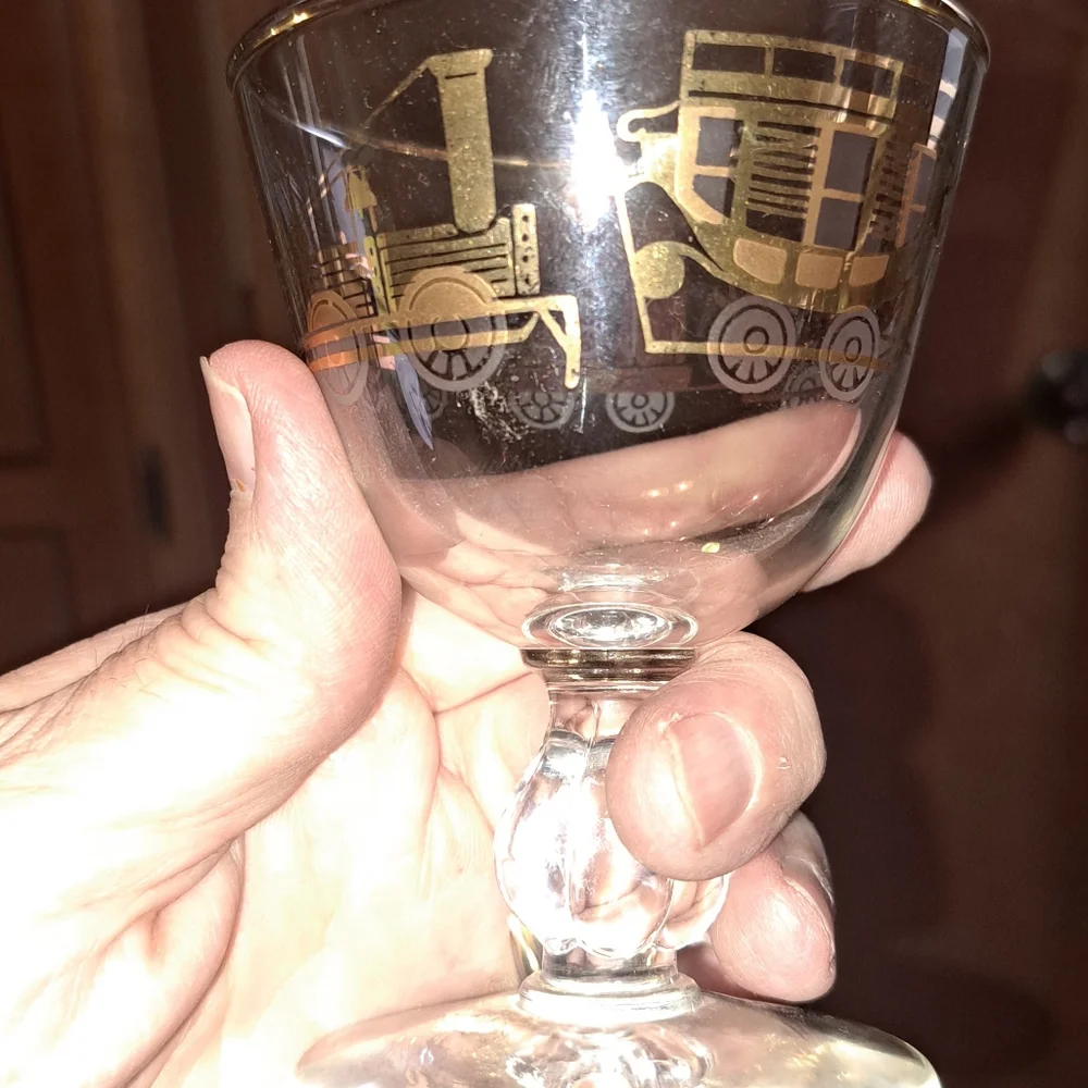 B&O Railroad Steam Engine Train Coal Box Coach Car Gold MCM 6 Wine Glasses